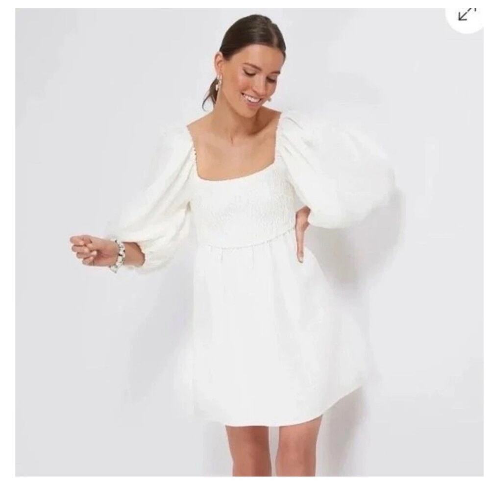 Tuckernuck Annie 100% Linen Mini Dress M White Square Neck Smocked Puff Sleeve